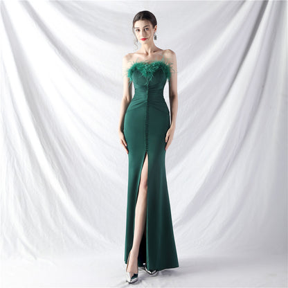 Art Bag Buckle Hand Ordered Ostrich Feather Satin Long Evening Dress