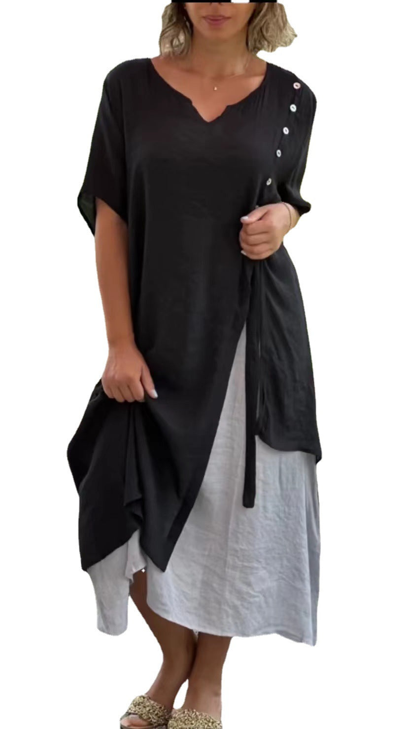 Robe asymétrique deux pièces pour femmes, col en V, manches courtes, Faux deux pièces, printemps été