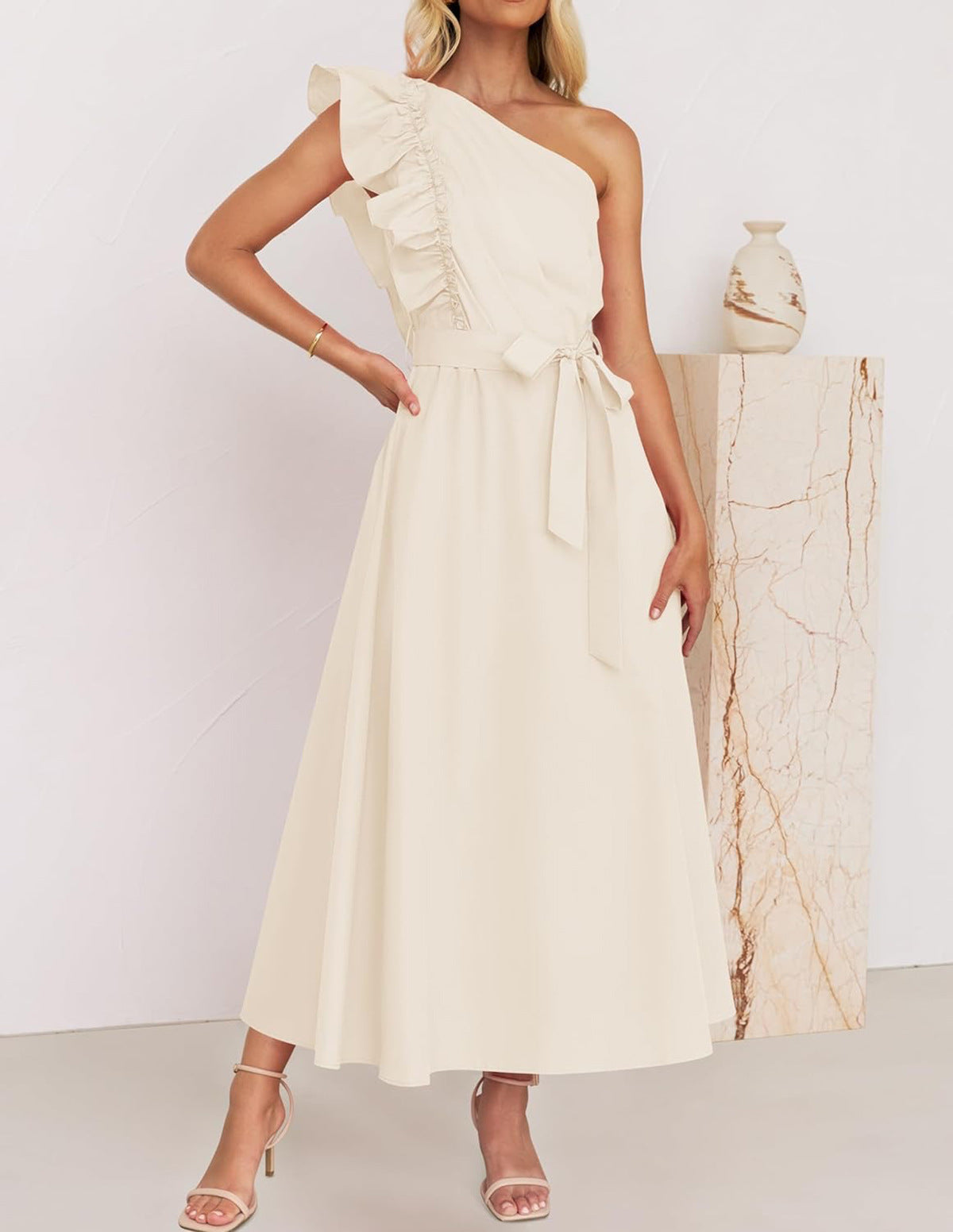 Women Maxi Dress Oblique Shoulder Wooden Ear Belt Dress Bridesmaid Toast Dress