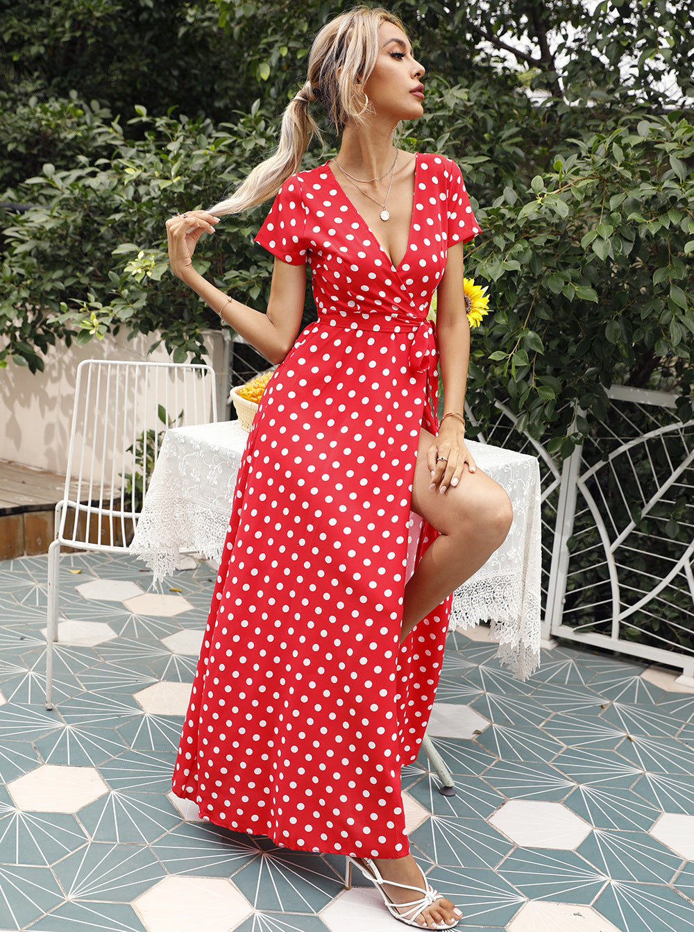 Women Clothing Summer Waist Trimming Short-Sleeved Polka Dot Split Dress