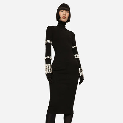 Autumn Winter Heavy Industry Beads Turtleneck Bandage Dress Slim Sheath Long Sleeve Knitted Dress