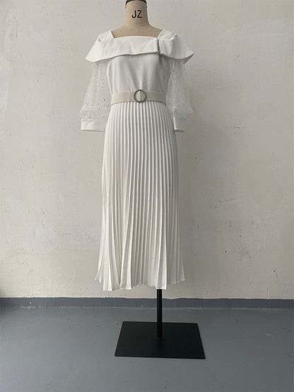 Robe pliante à manches longues en maille blanche d'automne avec ceinture