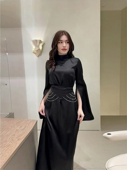 Autumn Solid Color Split Long Sleeve Belt Slim Dress