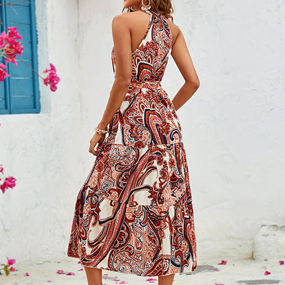 Ethnic Print Ruffled Belt Stand Collar Halter Sleeveless Dress Women Clothing Maxi Tiered Dress