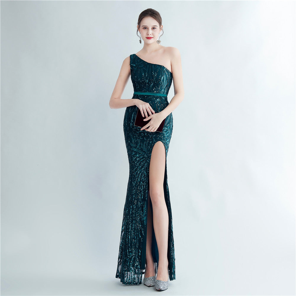 Positioning Floral Sequin One Shoulder Diagonal Collar Side Slit Long Evening Dress