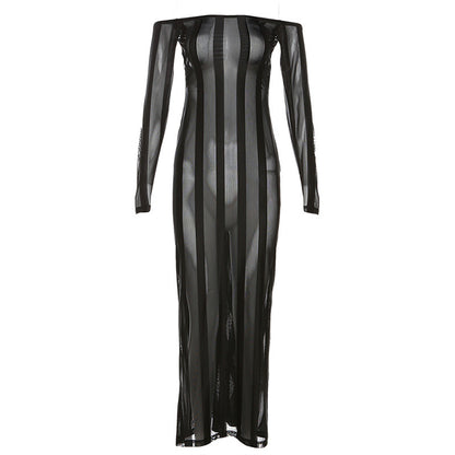 Autumn Winter Women Clothing Backless Sexy See through Striped Slim Dress for Women