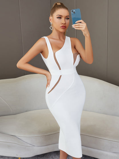 Vestido de verano sin mangas sexy con espalda descubierta blanco de longitud media ajustado de una pieza para mujer elegante vestido de noche para dama de honor