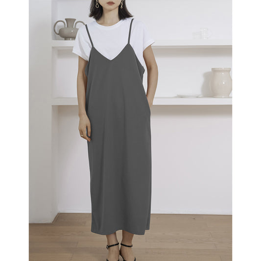 Simple Casual All Match Sling Dress Women Length Adjustable Solid Color Loose Maxi Dress