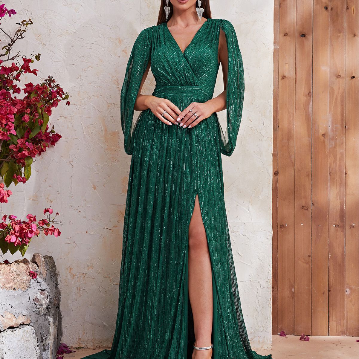 Robe de soirée à paillettes, col en V, manches châle, robe de cocktail haut de gamme, robe longue fendue