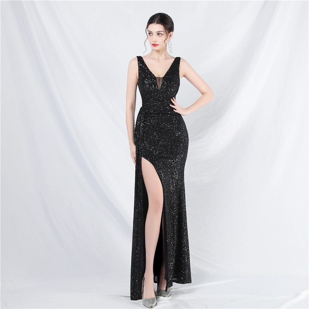 Robe longue de soirée à paillettes et ruban pour femme