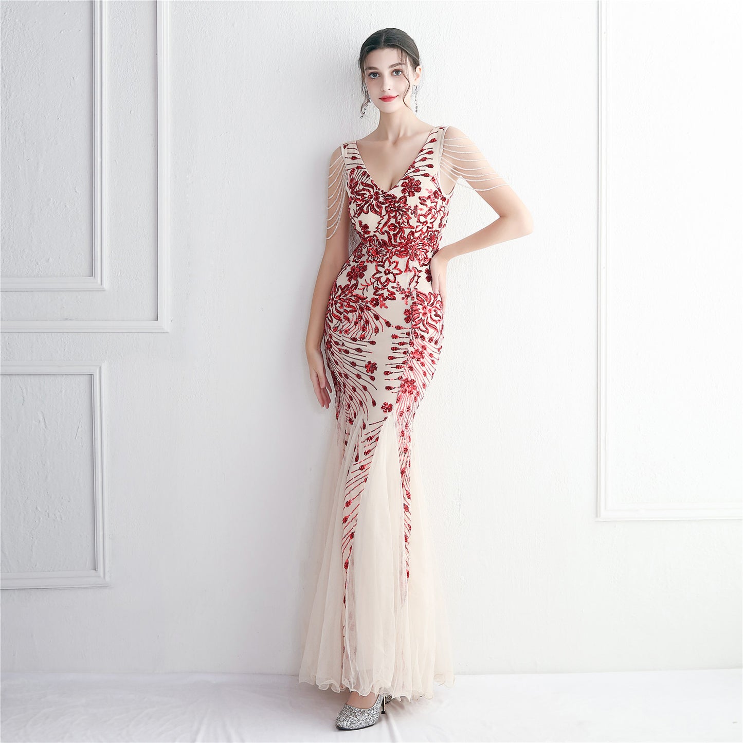 Sequin Mesh Craft Beaded Elegant Annual Meeting Long Fishtail Sequ Sexy Dress