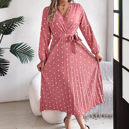 Real Shot – robe plissée élégante, couleur contrastée, pois croisés, col en V, vêtements pour femmes, automne hiver