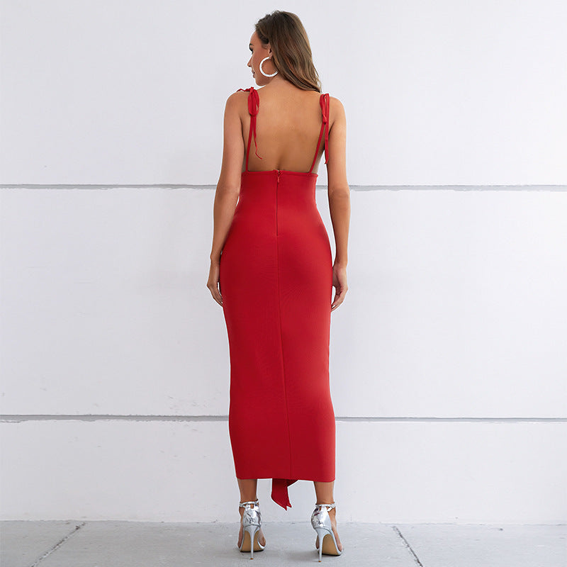 Robe d'été élégante et sexy à volants plissés rouge à bandage une pièce