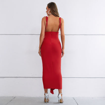 Vestido de verano elegante, sexy, con volantes, plisado, rojo, de una pieza, estilo vendaje