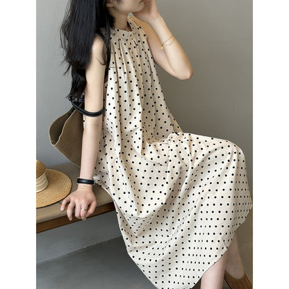 Polka Dot Sleeveless Dress Summer Korean round Neck A line Graceful Shift Dress