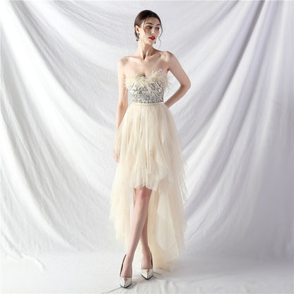 Hand Ordered Ostrich Feather Positioning Floral Sequin Mesh Front Short Back Long Wrapped Chest Evening Dress