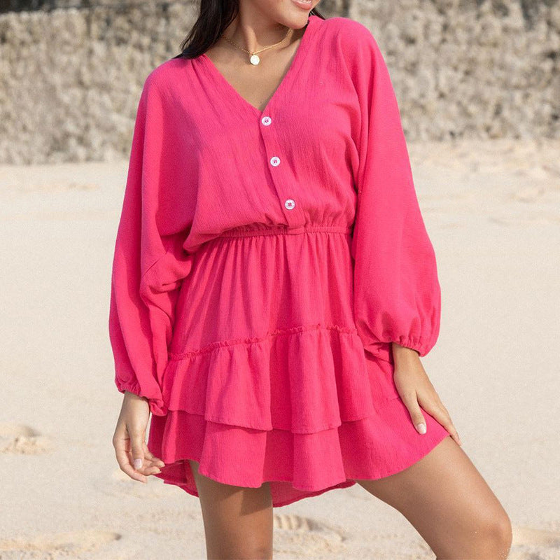 Spring Summer Women Clothing Fashionable V neck Batwing Sleeve Holiday Cotton Linen Dress