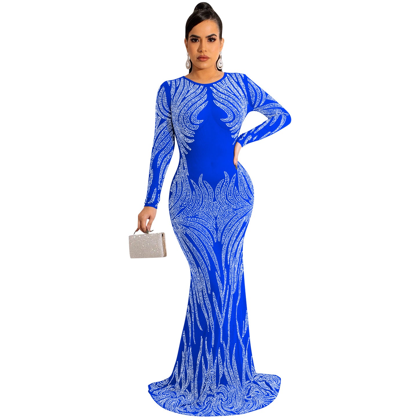 Night Club Sexy Rhinestone Mesh See through Long Sleeve Dress Dress Women