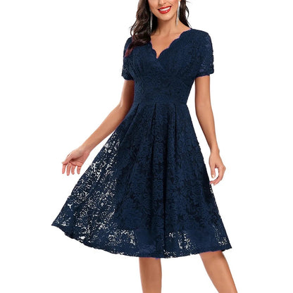 Spring Summer Women Clothing Solid Color Lace Short Sleeve V neck Dress