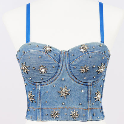 Populaire Perlé Gilet Coupe Basse Fronde Taille Haute Recadrée Façonnage Bustier Tubulaire Coréen Denim Beauté Dos Chemise Femmes