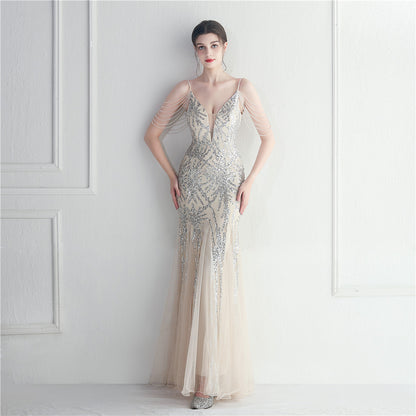 Beaded Bridal Wedding Dinner Long Camisole Evening Dress