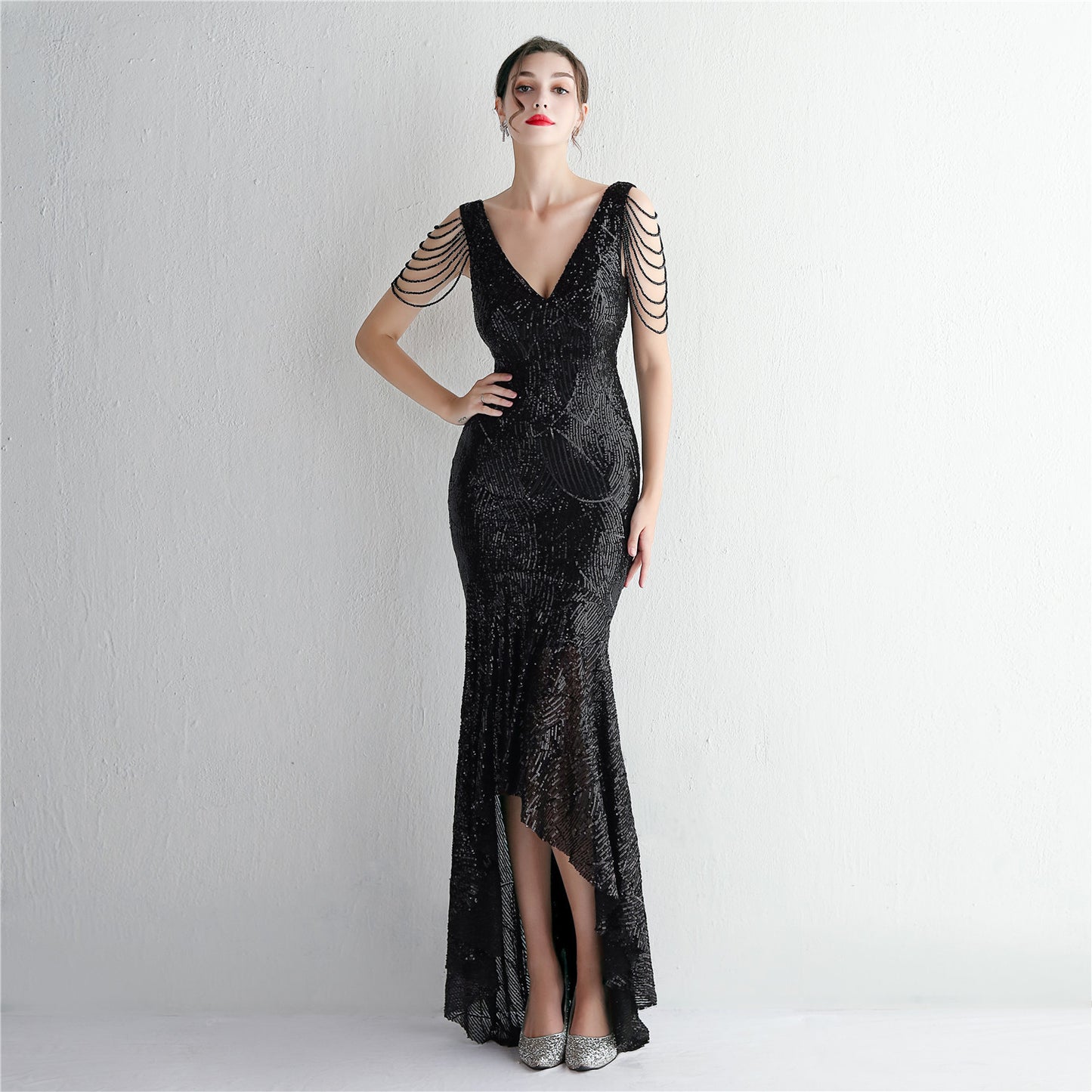 Sequin Craft Beaded Party Dress Long Cocktail Slim Fit Evening Dress Elegant