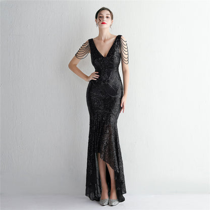 Sequin Craft Beaded Party Dress Long Cocktail Slim Fit Evening Dress Elegant