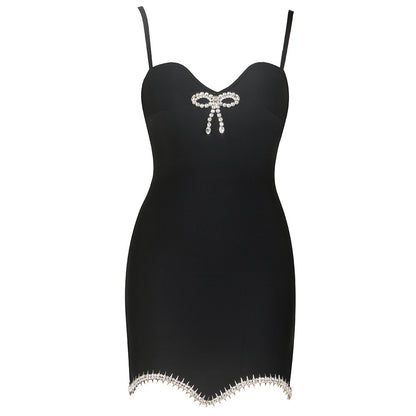 Sexy V neck Brace Knitted Pansy Diamond Decorations Chain Backless Bandage One Piece Dress