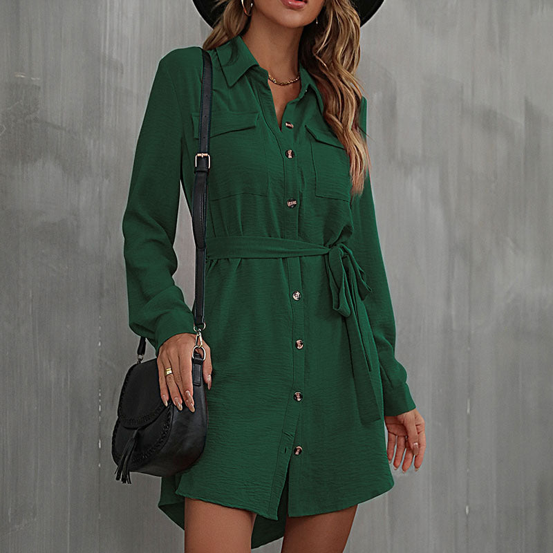 Early Autumn Dress Long Sleeved Red Collared French Shirt Dress