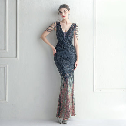 Craft Beaded Sequined Car Model Exhibition Host Dinner Women Long Evening Dress Fishtail Dress