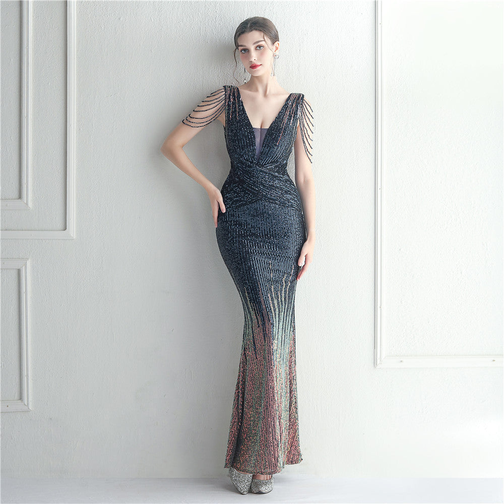 Craft Beaded Sequined Car Model Exhibition Host Dinner Women Long Evening Dress Fishtail Dress