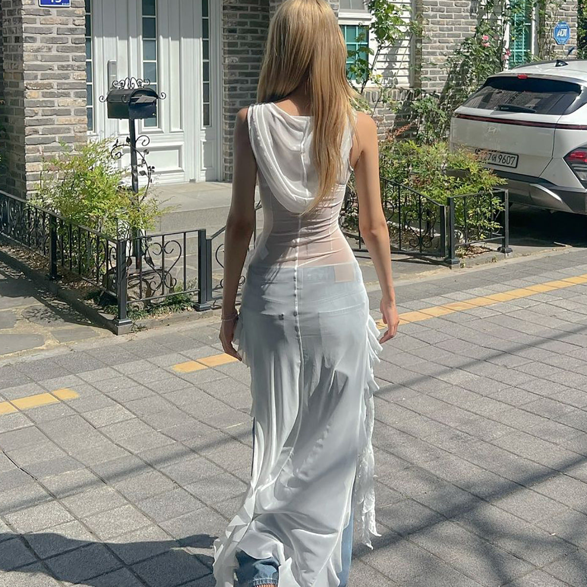 Sexy Street Mesh Hooded Sleeveless Outer Wear Stitching Lace Maxi Dress