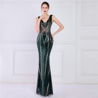 Positioning Floral Sequin Cocktail Elegant Long Sleeveless Sequined Aura Queen Fishtail Dress Slimming Fishtail Dress