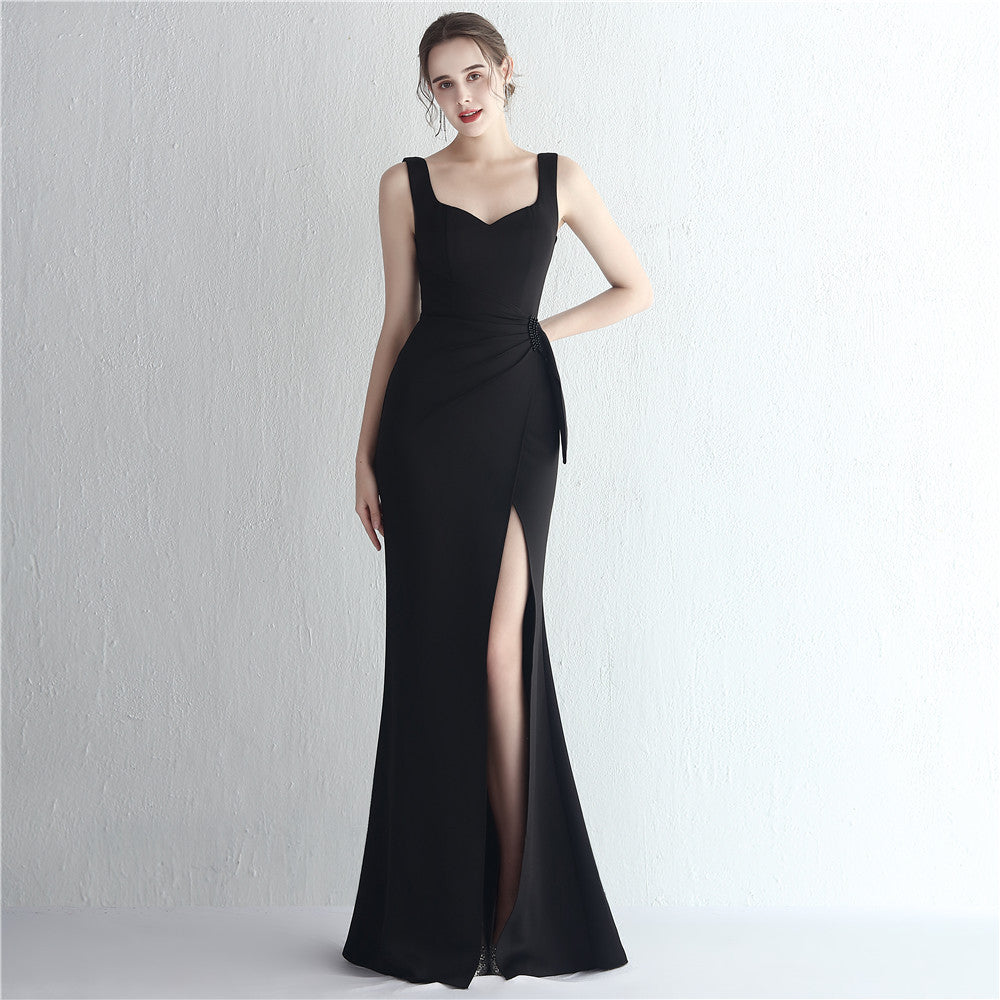 Satin Beaded Long Slit Debutante Gala Dinner Slim Fit Fishtail Dress Wedding Car Model Exhibition Dress