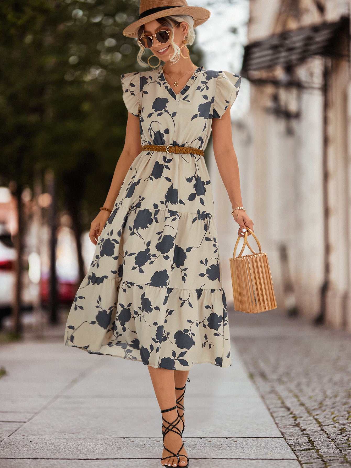 Spring Summer Popular V neck Printed Flying Sleeves Dress