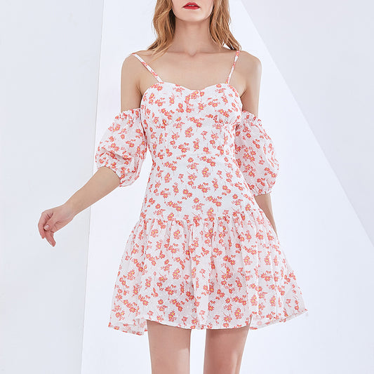 Robe courte imprimée sexy à épaules dénudées pour femmes, design discret, bretelles spaghetti, imprimé floral, robe trapèze