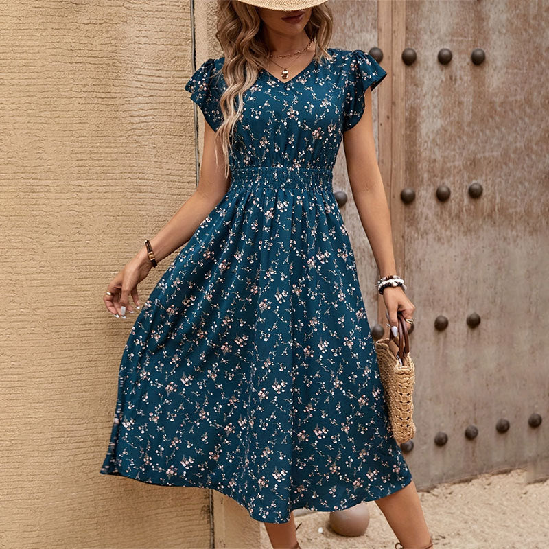 Elegant Floral Dress Lady V Neck Smocking Back Waist Elastic A Swing Short Sleeve Dress Women Clothing