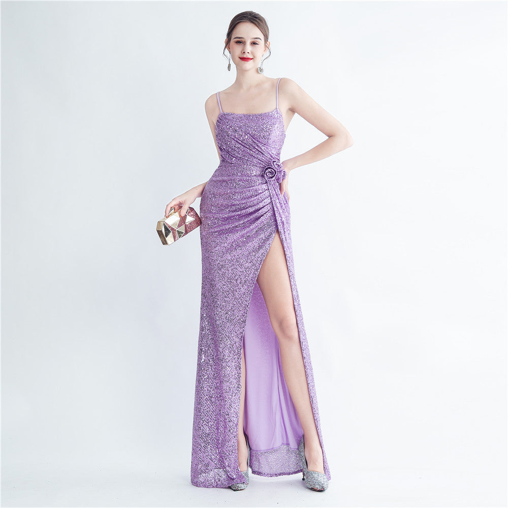 Gathers Sequ Handmade Floral Split Sling Simple Evening Dress