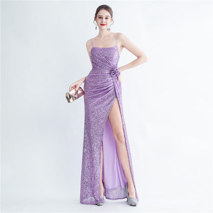 Gathers Sequ Handmade Floral Split Sling Simple Evening Dress