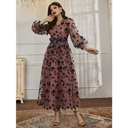 Women Clothing Casual Autumn V neck Long Sleeve High Waist Floral Print Long Lace Dress