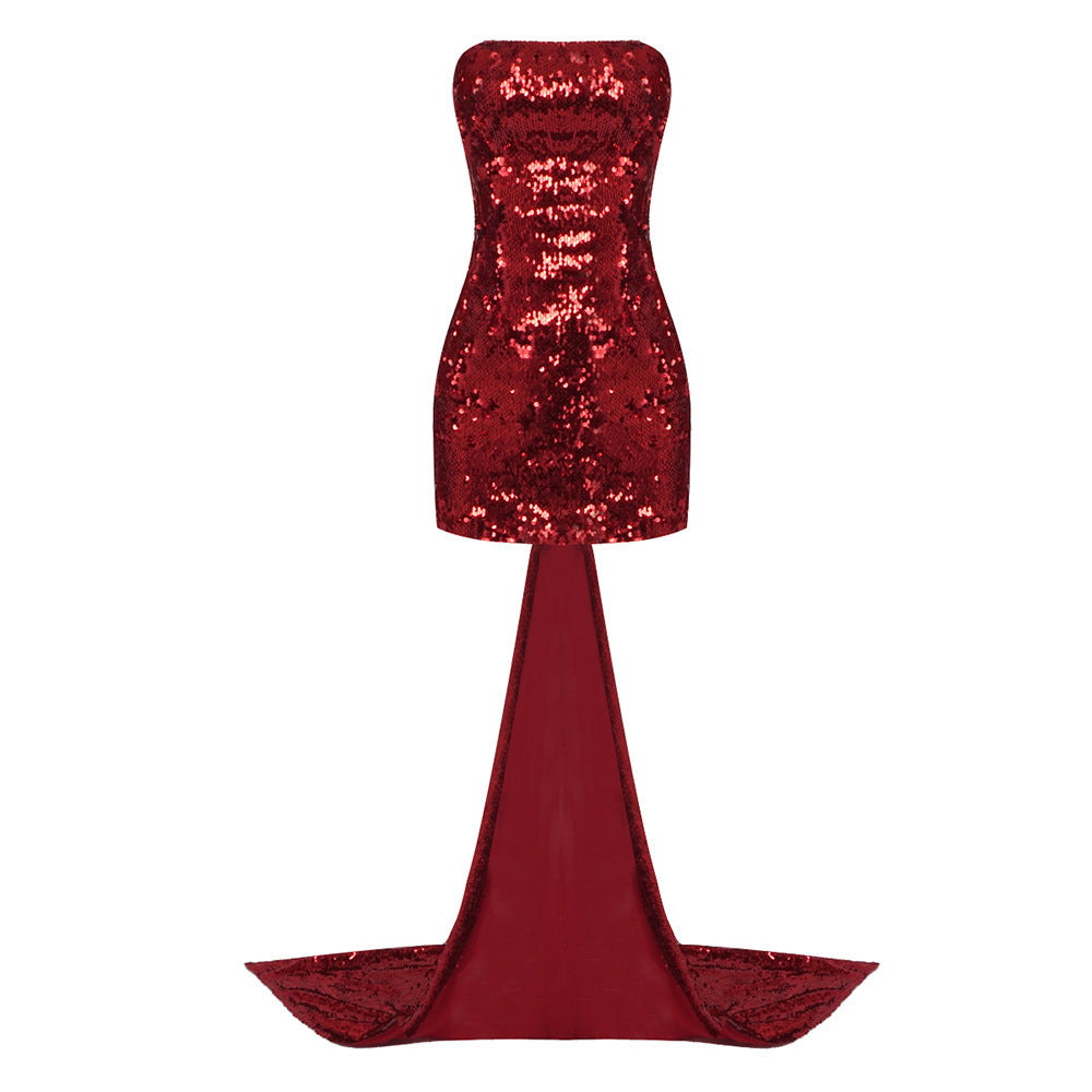 Automne vin rouge noeud queue Sequin robe sans bretelles femmes vêtements robe Sexy