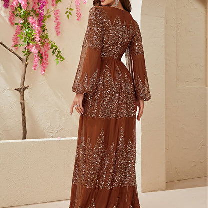 Maxi Dress Long Sleeve Sequined Chiffon Deep V Plunge Neck Split Waist Fitted Dress