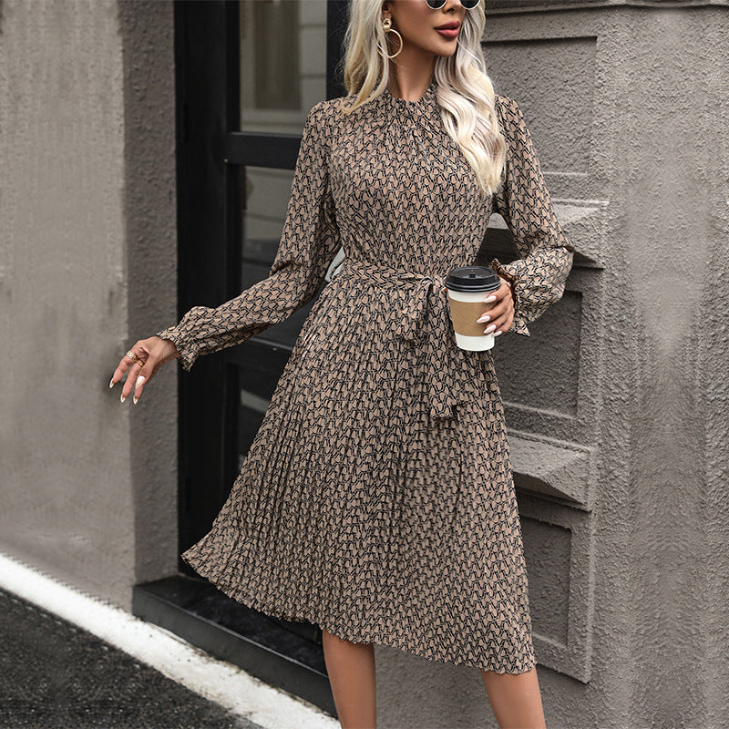 Vestido con estampado abstracto geométrico de otoño e invierno con cordones