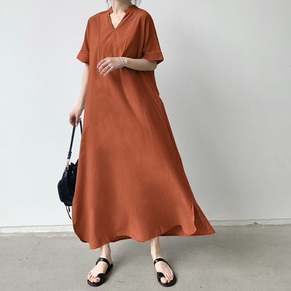 Dress Office Women Summer Retro Casual Solid Color Loose Swing Dress Maxi Dress