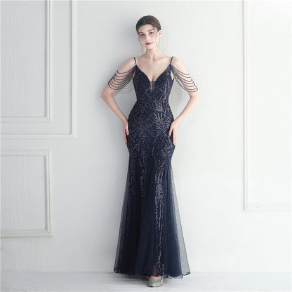 Beaded Bridal Wedding Dinner Long Camisole Evening Dress