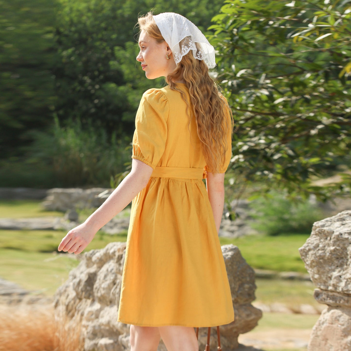 Vestido de encaje con tapeta y cuello en V de nicho de lino puro, vestido bonito de verano con mangas abullonadas, ropa de mujer