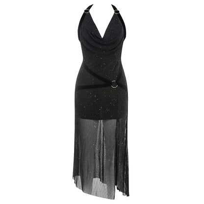 Robe simple sexy dos nu en soie brillante sans manches coupe ajustée robe fendue pour femme