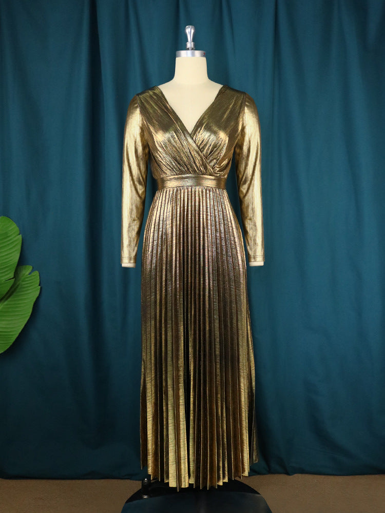 Gilding V neck Comfortable Dress Comfortable Light Luxury Lightly Mature High Waist Pleated Maxi Dress