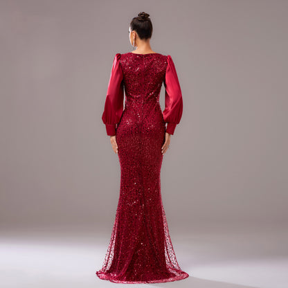 Long Sleeve round Neck Cocktail Hip Wrapped Rhinestone Sequined Evening Dress Bridesmaid Dress Dress Women