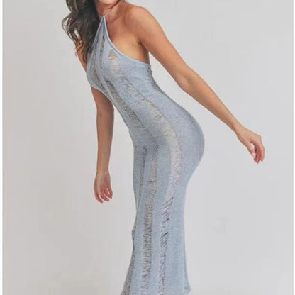 Robe Maxi transparente sans manches, coupe cintrée, transparente, col licou, découpée, écharpe tricotée, dos nu